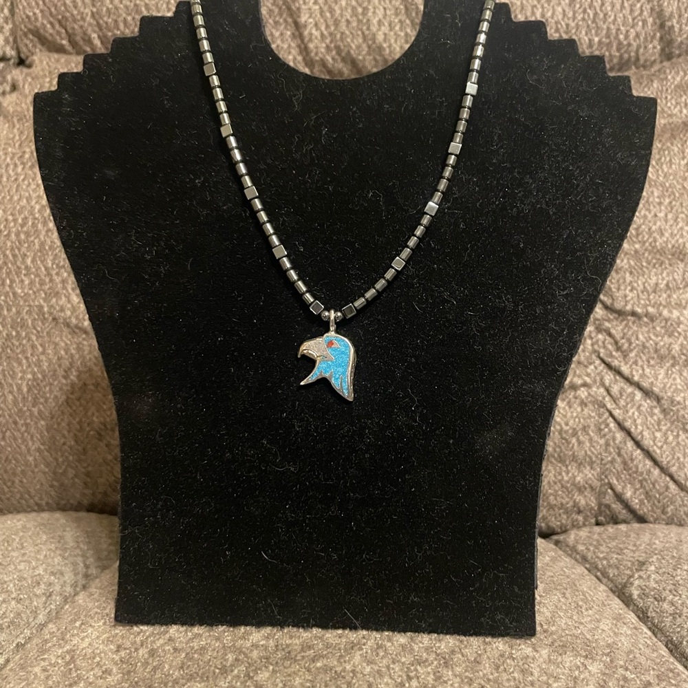 Black Beaded Hematite Necklace with Turquoise Eagle Pendant.